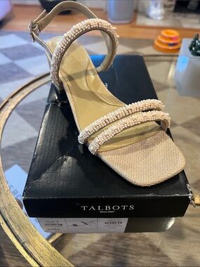 Talbots Nude Beaded Strappy Block Heels
